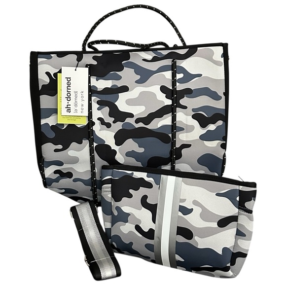 Ahdorned Handbags - NWT Ahdorned Neoprene Expandable Tote Grey Camo Handles Strap Removable Pouch